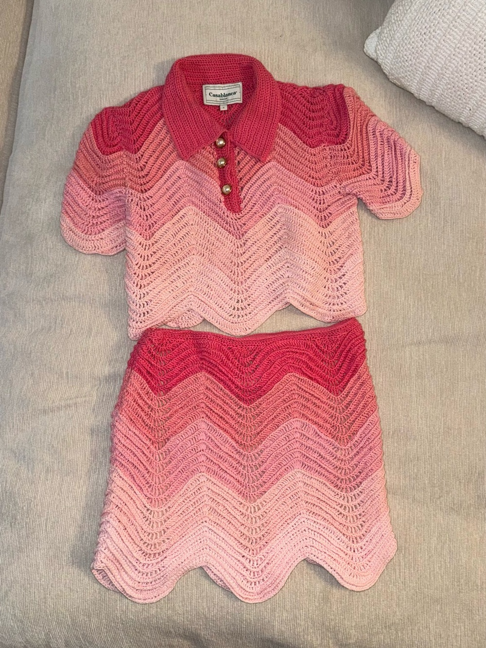 Casablanca SET Skirt Polo Crochet Pink Gradient Wave Knit Mini Cotton Cute Rare - Picture 8 of 12